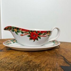 Vintage Christmas Poinsettia Sunflower Print Gravy Boat with Underplate